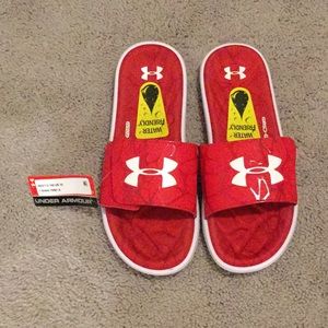 Red Under Amour water friendly adjustable slides
